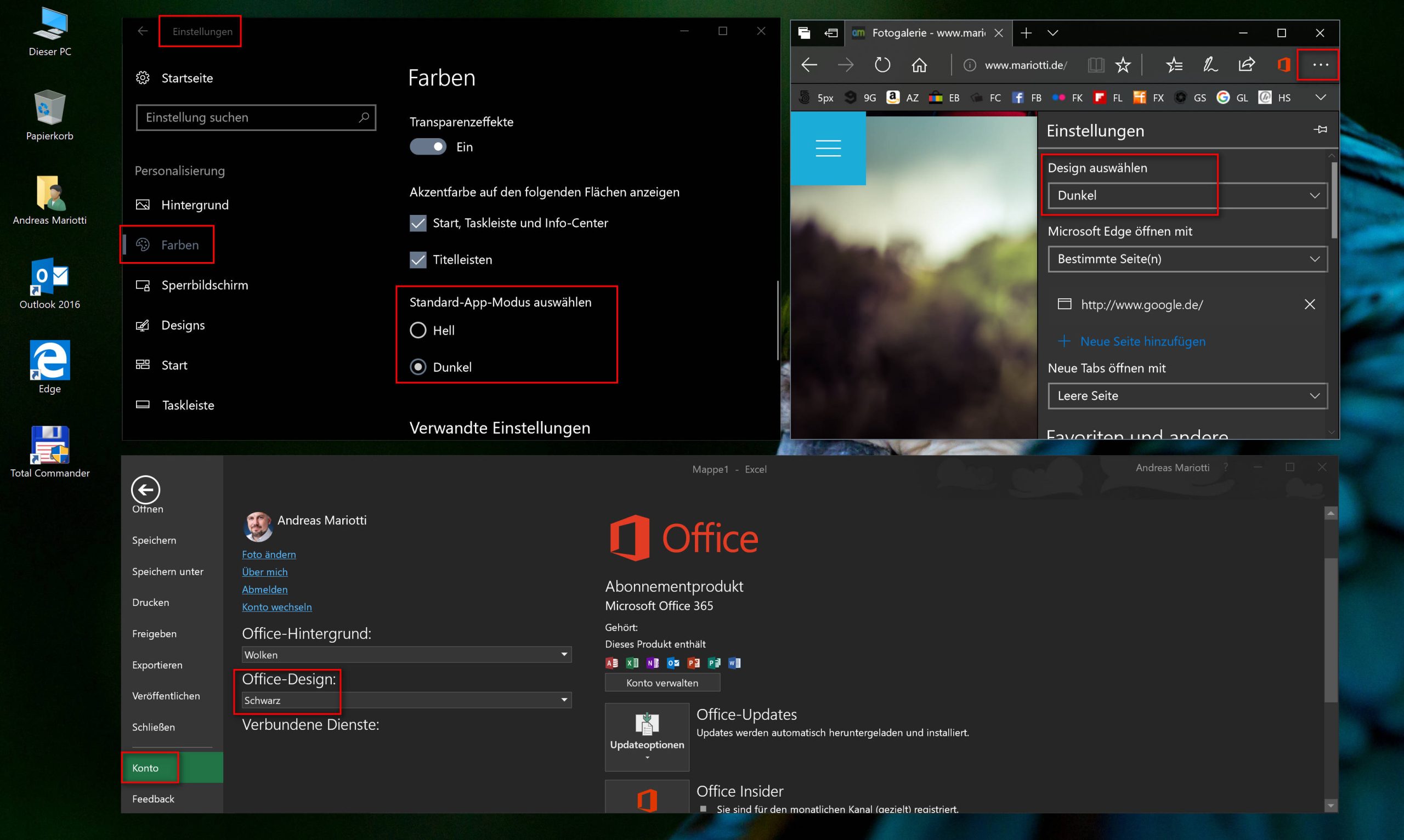 Dunkles Design für Windows 10, Office, Edge und Co.