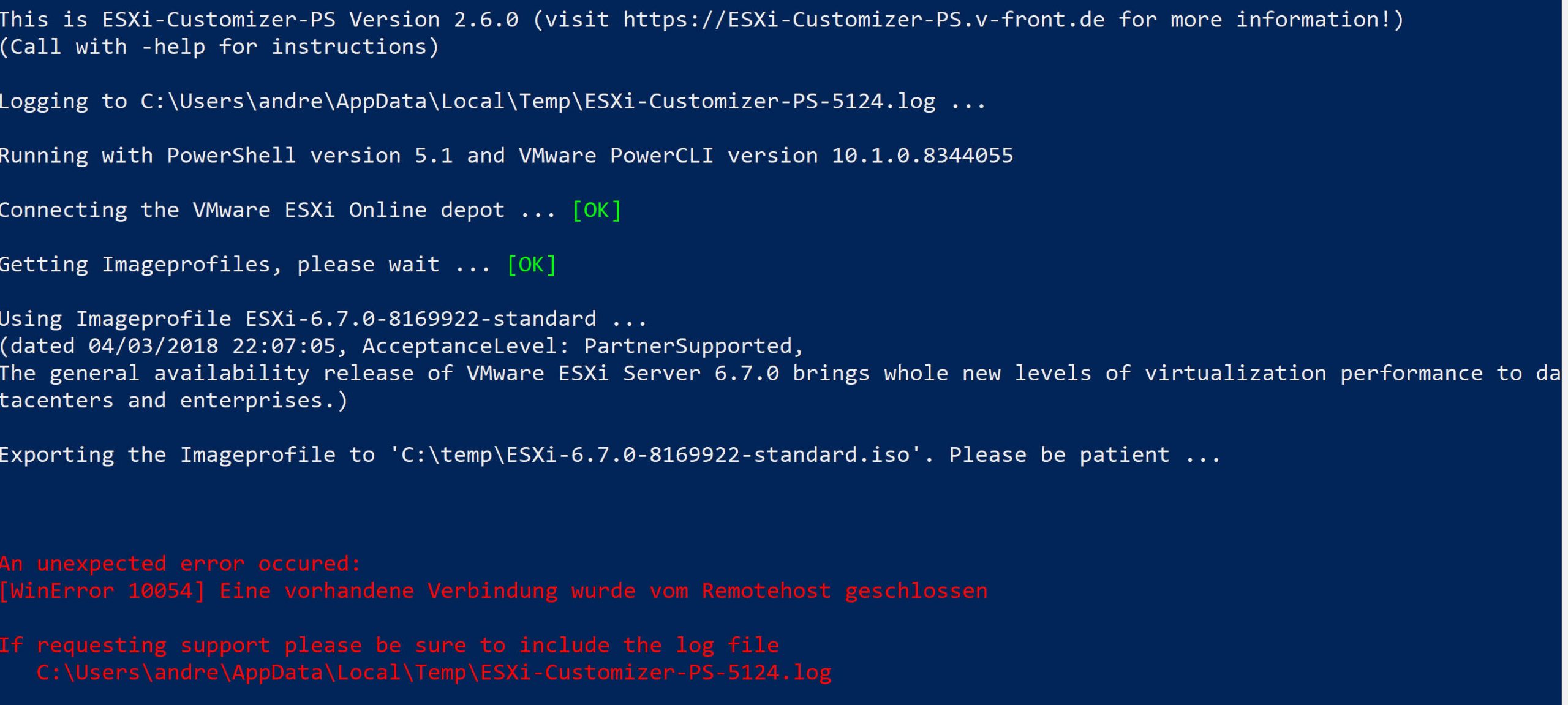 [WinError 10054] bei Verwendung von ESXi-Customizer-PS