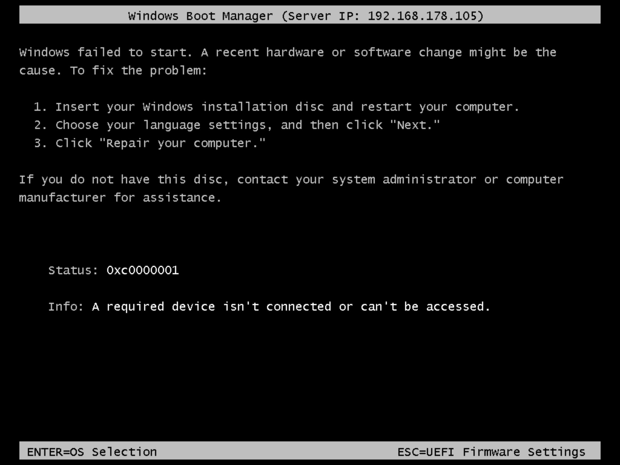 WDS 0xc0000001 Boot-Error