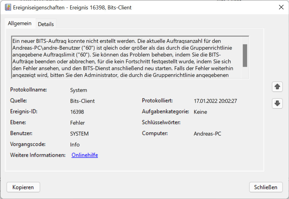 BITS Client EventLog ID 16398 Fehler und Outlook GAL Fehler 0x802000049